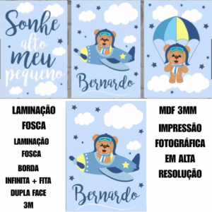 Kit 3 Quadros Quarto de Bebe Tema Ursinho Aviador